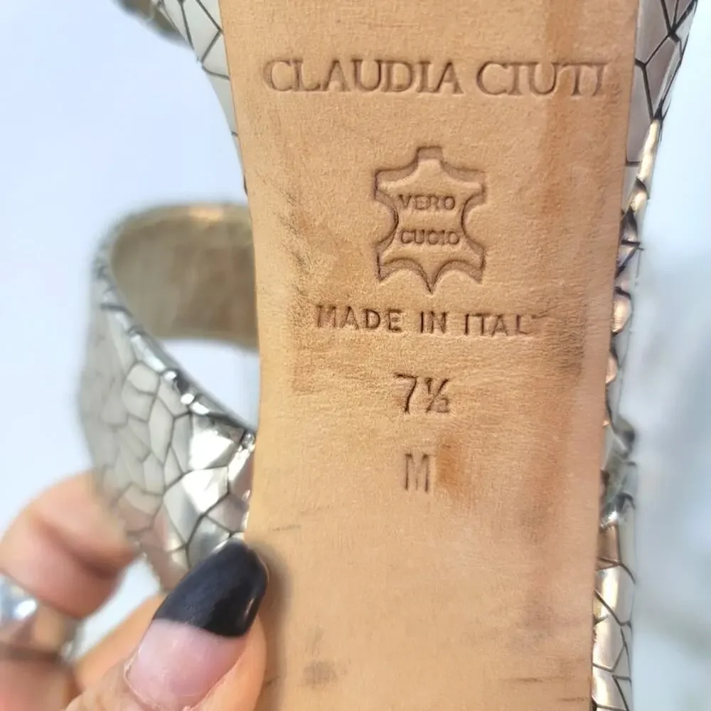 CLAUDIA CIUTI Silver Italian Mirror Mosaic Platform Heels Rhinestone Buckle Glam